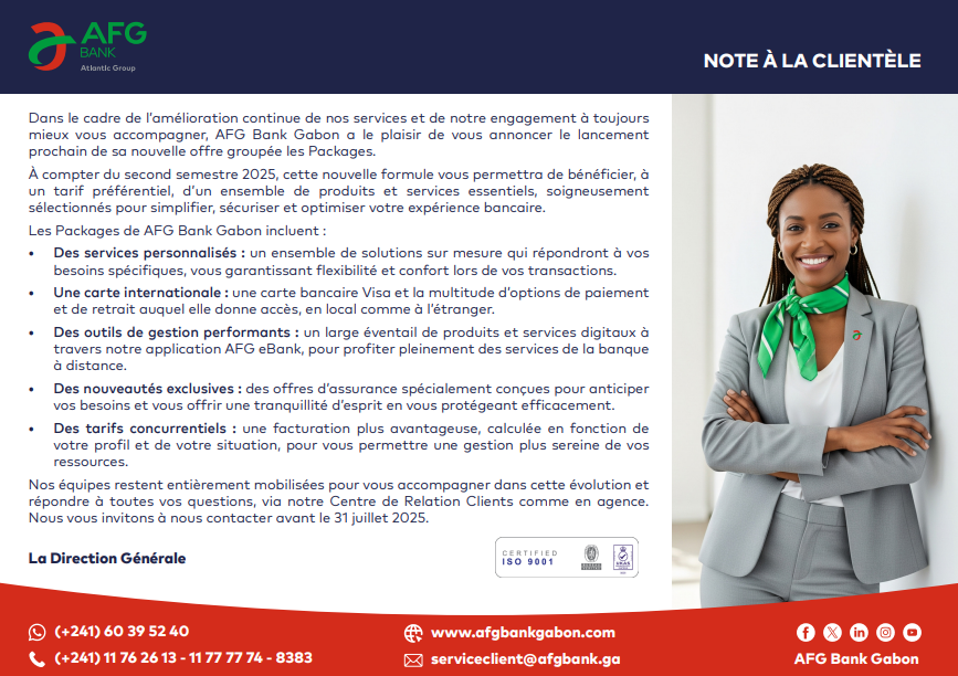 Note d'information à la clientèle relative au lancement des packages AFG Bank Gabon